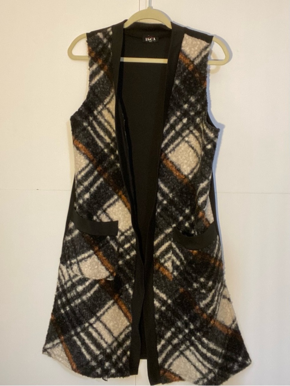 Isca Black & Cream Plaid Long Sleeveless Large Vest with Brown Accents